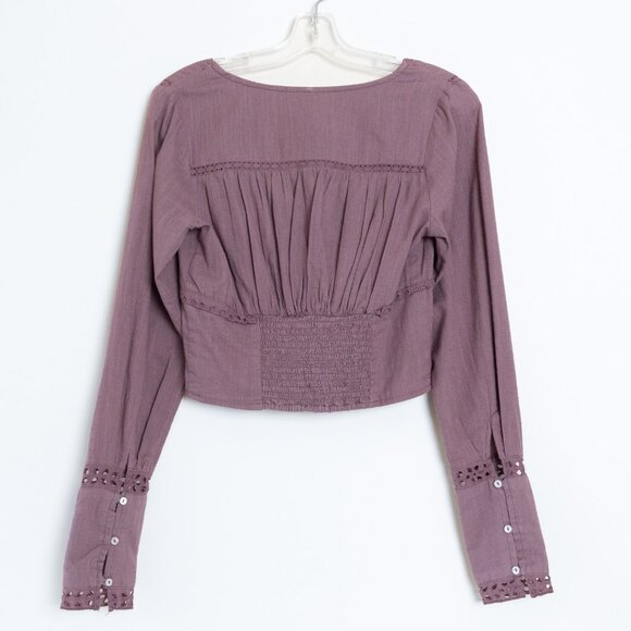 Free People Eyelet Cropped Blouse Peasant Boho Mauve Roan Rouge Joi - Picture 3 of 13
